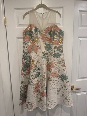 Rickie Freeman for Teri Jon White Floral A-Line Dress with Gold Accents